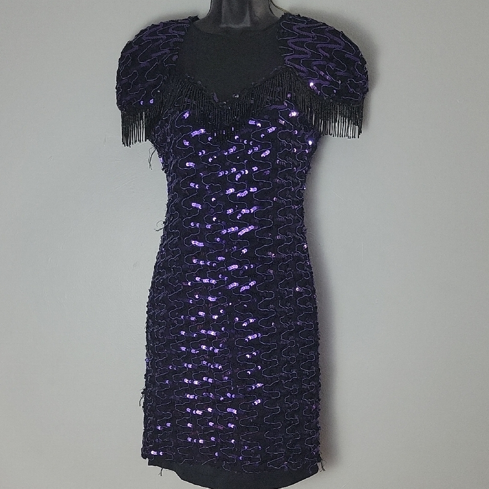 Pegah Fashions Vintage 80's Purple Sequin Fringe Mini Dress